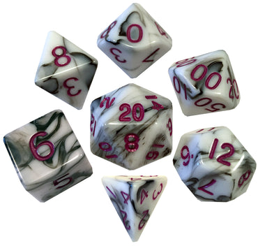 MDG: 16mm Polyhedral Dice Set - Marble with Purple Numbers