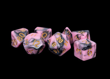 MDG: 16mm Polyhedral Dice Set - Pink and Black Marble with Gold Numbers