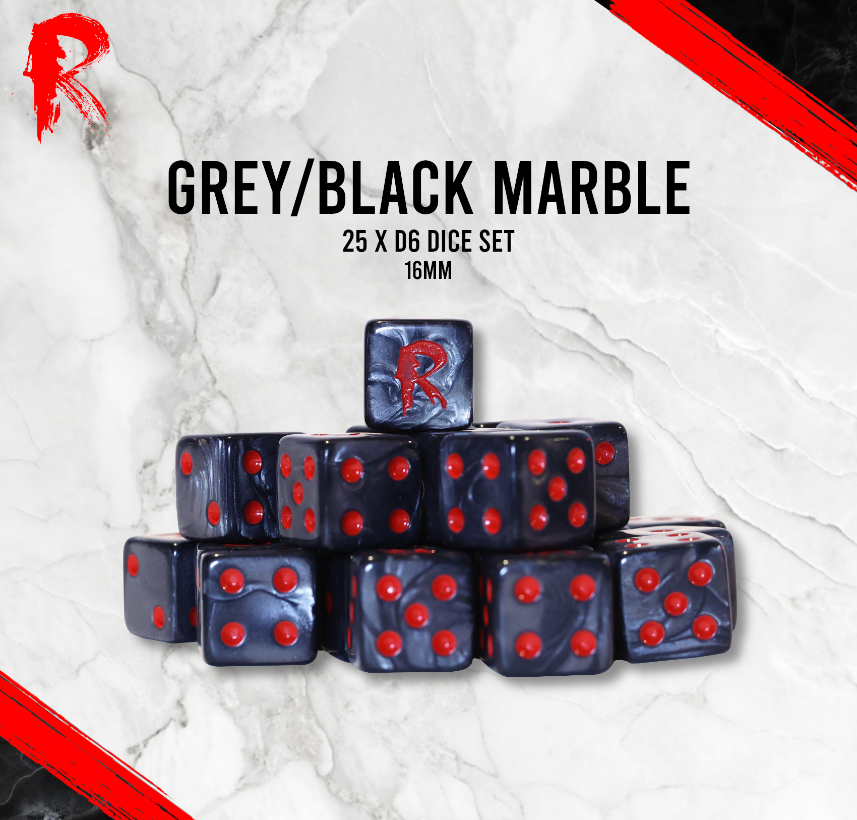Ronin Grey/Black Marble 25 x D6 Dice Set 16mm