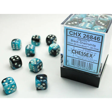 Chessex: Gemini® 12mm d6 Black-Shell/white (36 dice)