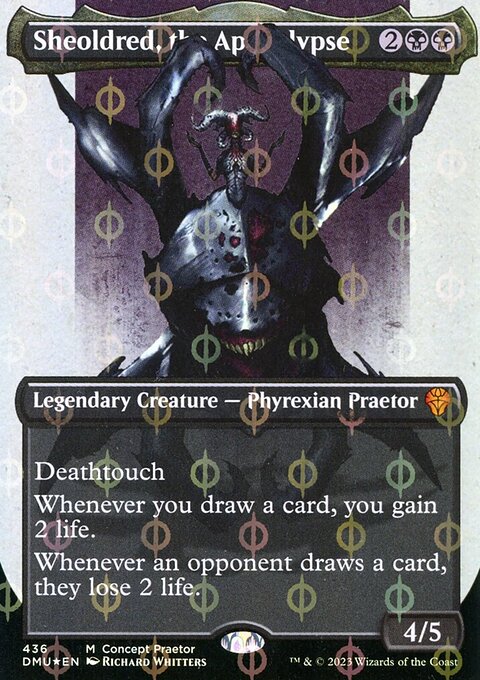Sheoldred, the Apocalypse (Borderless Concept Praetors Step-and-Compleat Foil) [Phyrexia: All Will Be One]