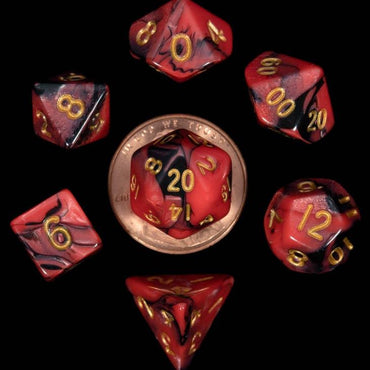 MDG 10mm Mini Polyhedral Dice Set -  Red/Black with Gold Numbers