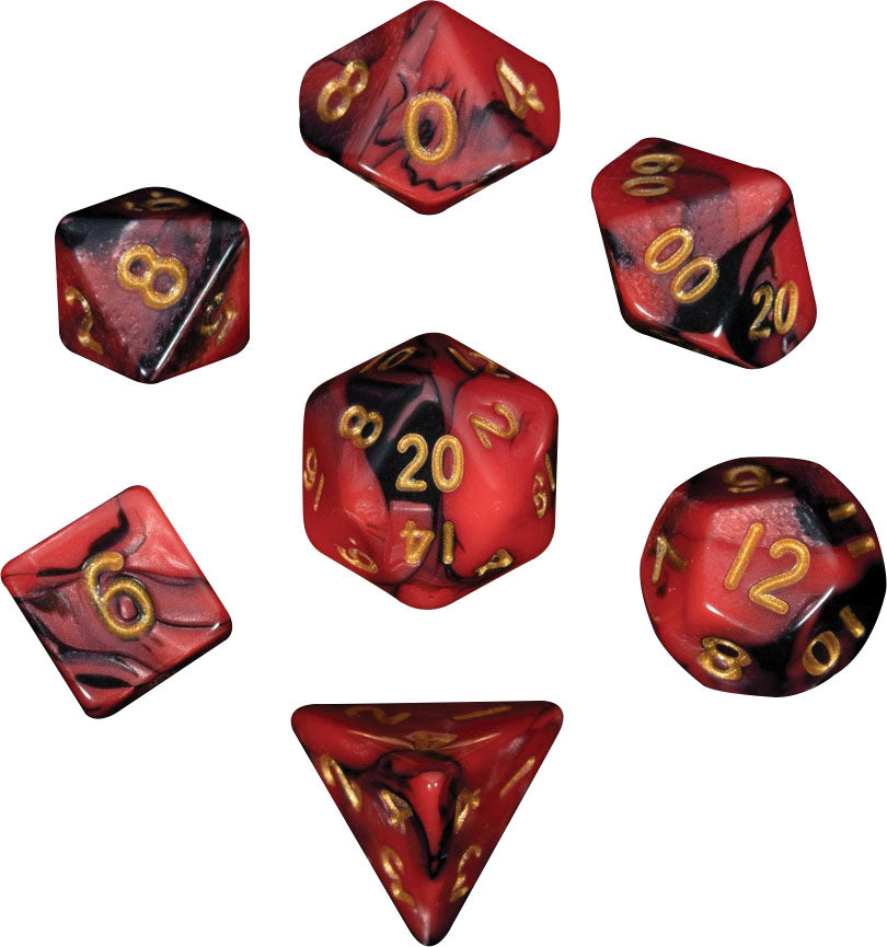 MDG 10mm Mini Polyhedral Dice Set -  Red/Black with Gold Numbers