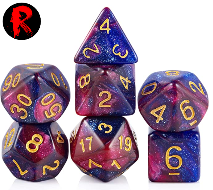Chameleon Blue/Red with Gold Numbers 7-Die RPG Set - Ronin Games Acrylic Dice ADC-001