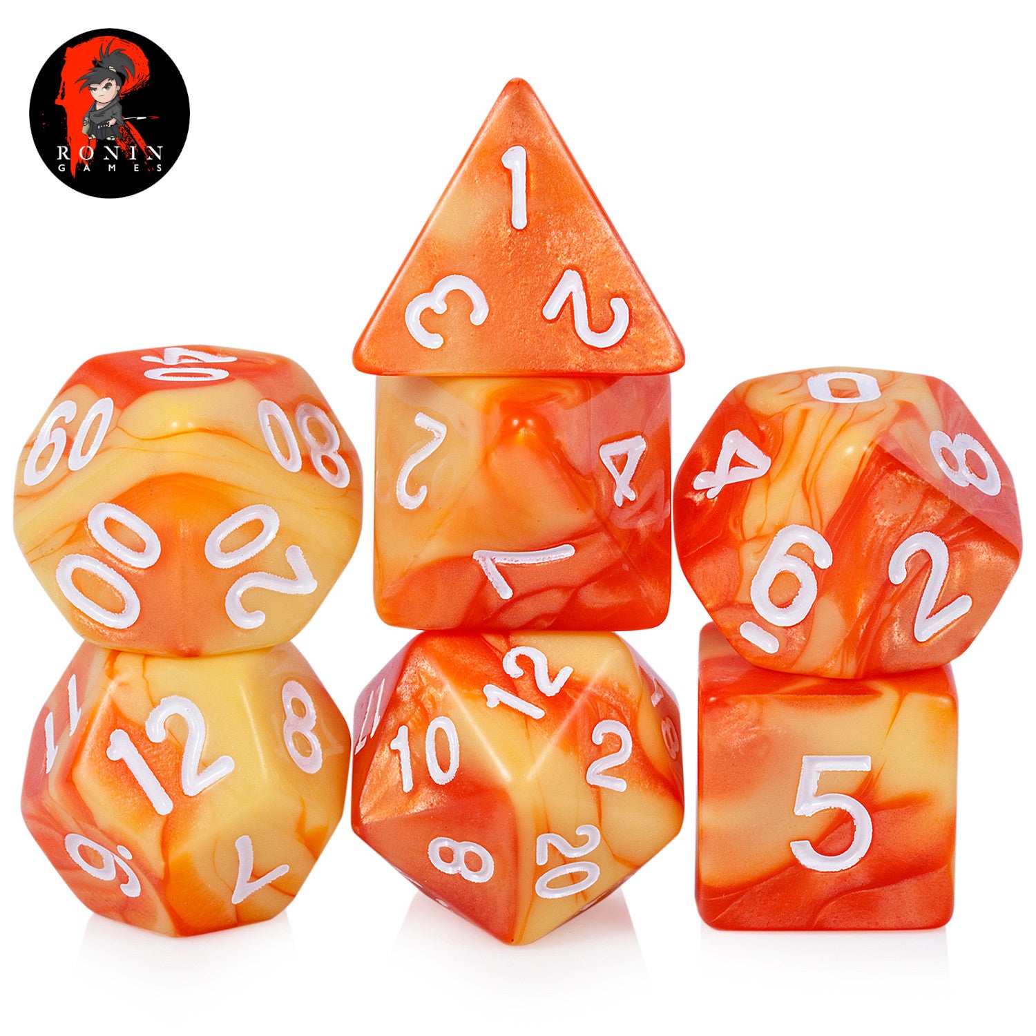 Orange and Yellow with White Numbers 7-Die RPG Set - Ronin Games Dice ADD-002