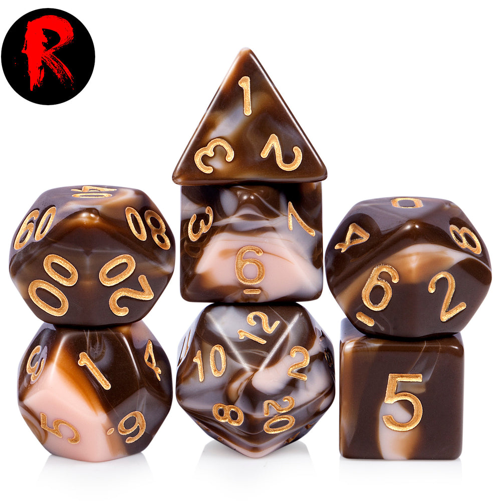 Chocolate with Gold Numbers 7-Die RPG Set - Ronin Games Dice ADD-006