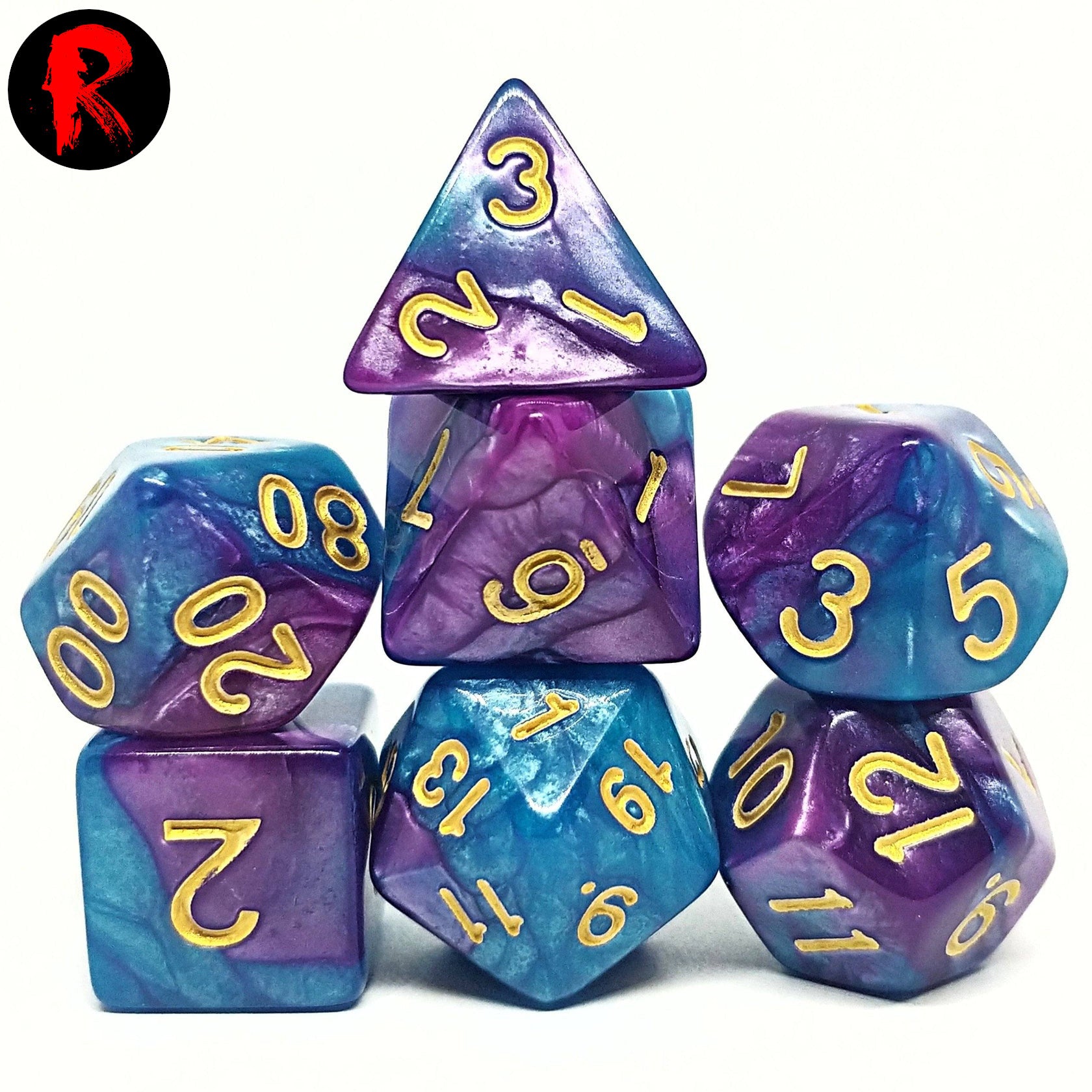 Blue and Purple with Gold Numbers 7-Die RPG Set - Ronin Games Dice ADD-016