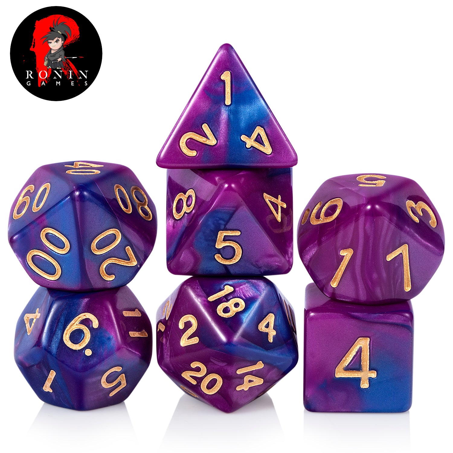 Blue/Purple with Gold Numbers 7-Die RPG Set - Ronin Games Dice ADD-018