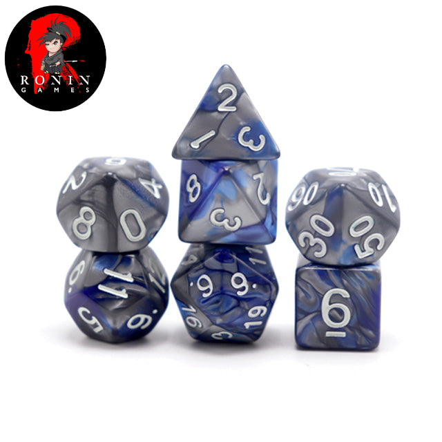 Blue & Grey with White Numbers 7-Die RPG Set - Ronin Games Dice ADD-020