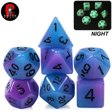Blue/Purple with Black Numbers Glow in the Dark 7-Die RPG Set - Ronin Games Dice ADGL-001