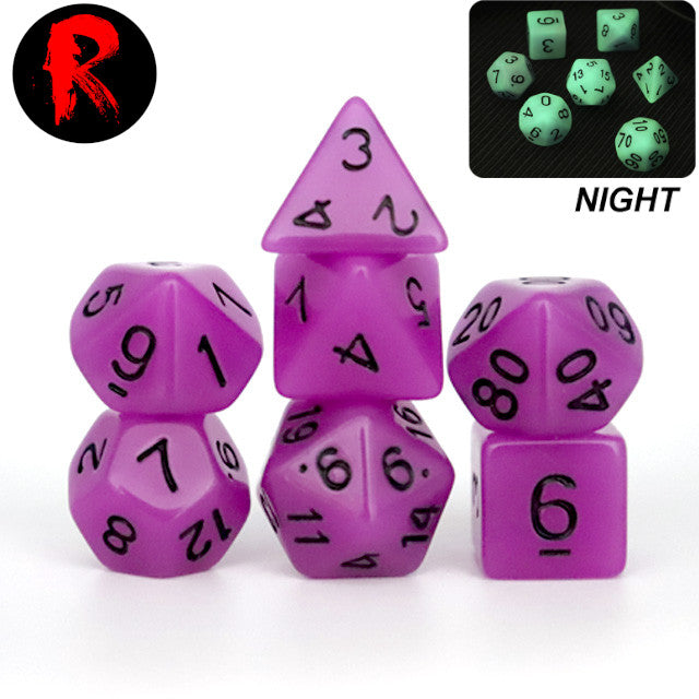 Purple with Black Numbers Glow in the Dark 7-Die RPG Set - Ronin Games Dice ADGL-005