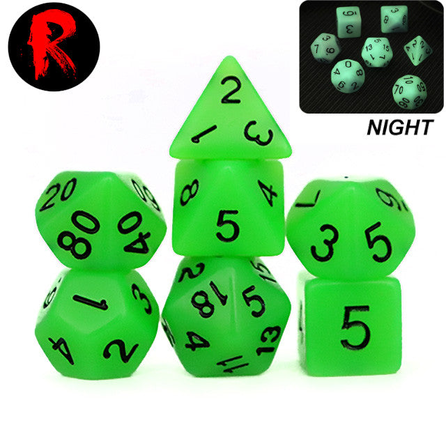 Green with Black Numbers Glow in the Dark 7-Die RPG Set - Ronin Games Dice ADGL-007
