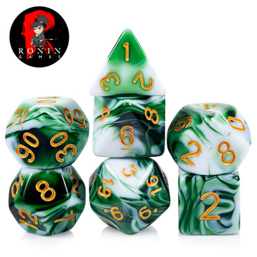 Green/white Marble with Gold Numbers 7-Die RPG Set - Ronin Games Dice ADM-003