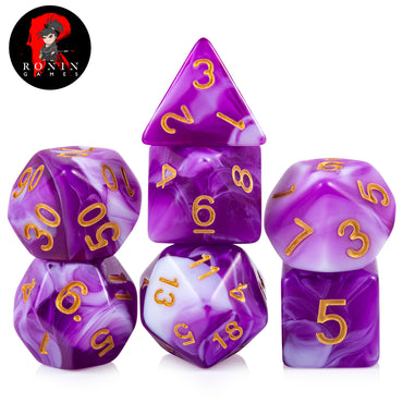 Purple/white Marble with Gold Numbers 7-Die RPG Set - Ronin Games Dice ADM-004