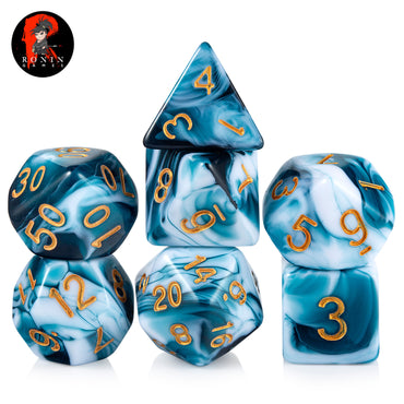 Blackish Green and White Marble with Gold Numbers 7-Die RPG Set - Ronin Games Dice ADM-006