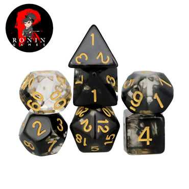 Nebula Black with Gold Numbers 7-Die RPG Set - Ronin Games Dice ADN-006