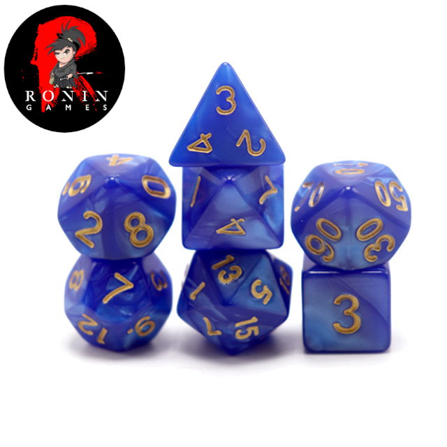 Pearl Blue with Gold Numbers 7-Die RPG Set - Ronin Games Dice ADPE-003