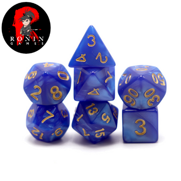 Pearl Blue with Gold Numbers 7-Die RPG Set - Ronin Games Dice ADPE-003