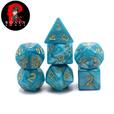 Pearl Blue with Gold Numbers 7-Die RPG Set - Ronin Games Dice ADPE-012