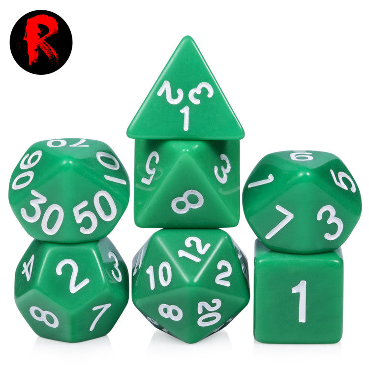 Green Opaque with White Numbers 7-Die RPG Set - Ronin Games Dice ADPU-003