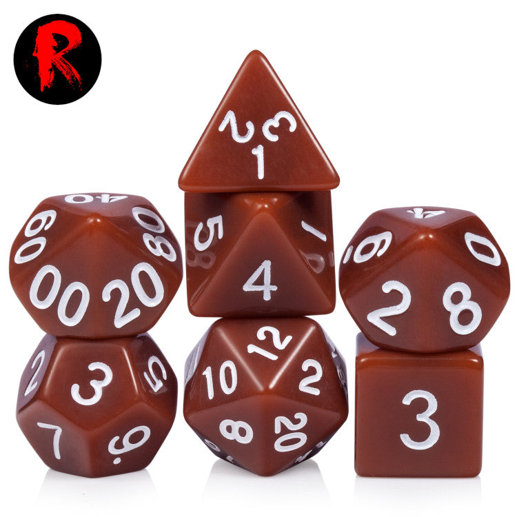 Brown Opaque with White Numbers 7-Die RPG Set - Ronin Games Dice ADPU-004