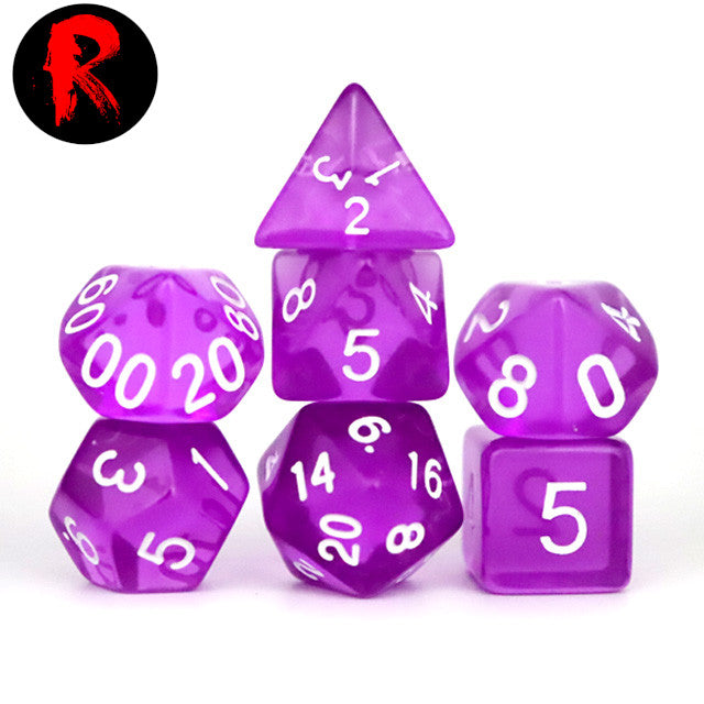 Purple Transparent with White Numbers 7-Die RPG Set - Ronin Games Dice ADT-002