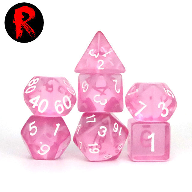 Pink Transparent with White Numbers 7-Die RPG Set - Ronin Games Dice ADT-004