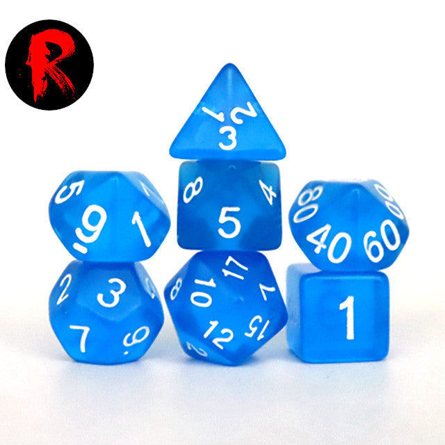 Blue Transparent with White Numbers 7-Die RPG Set - Ronin Games Dice ADT-005