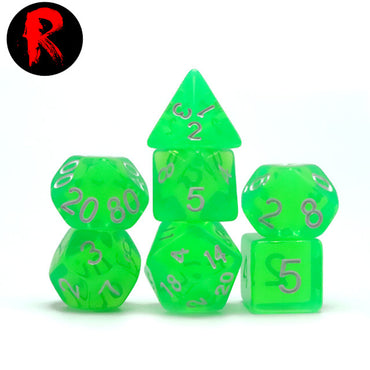 Green Transparent with White Numbers 7-Die RPG Set - Ronin Games Dice ADT-007