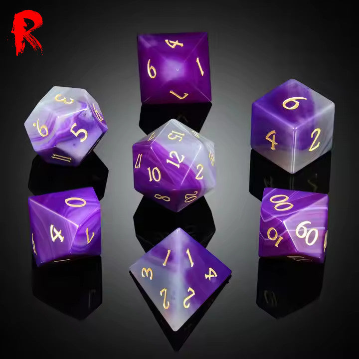 Agate Purple Stone Dice with Gold Writing Luxury 7-Die RPG Set - Ronin Games Dice GS-031