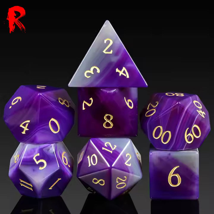 Agate Purple Stone Dice with Gold Writing Luxury 7-Die RPG Set - Ronin Games Dice GS-031