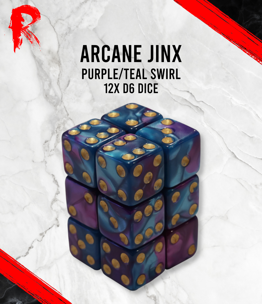 Arcane Jinx - Purple/Teal Swirl 12 x d6 Dice Block - Ronin Games Dice