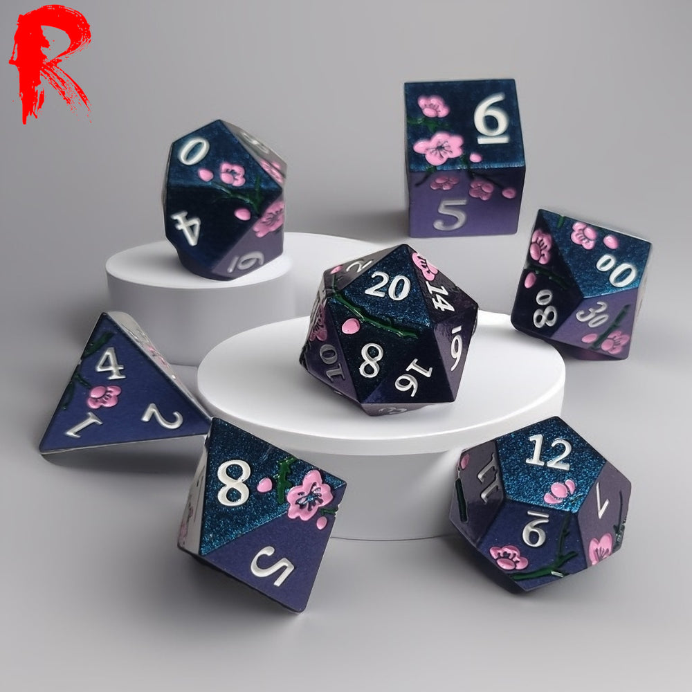 Metal Japanese Cherry Blossom Blue and Pink 7-Die RPG Set - Ronin Games Dice MP022