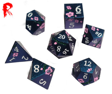 Metal Japanese Cherry Blossom Blue and Pink 7-Die RPG Set - Ronin Games Dice MP022