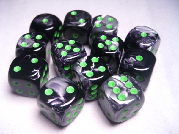 Chessex Gemini Black-Grey/Green 16mm d6 (12 dice)