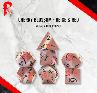 Metal Japanese Cherry Blossom Beige & Red 7-Die RPG Set - Ronin Games Dice MP026