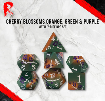 Metal Japanese Cherry Blossom Green/Orange & Purple 7-Die RPG Set - Ronin Games Dice MP025