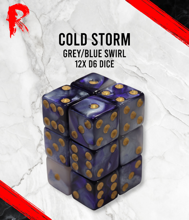 Cold Storm - Grey/Blue Swirl 12 x d6 Dice Block - Ronin Games Dice