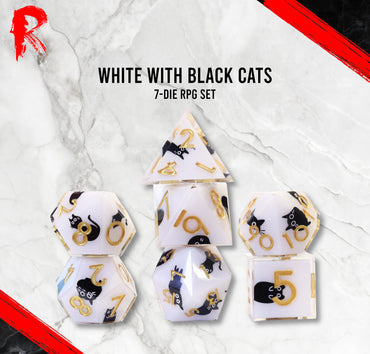 Sharp Edge Dice - White with Black Cat RPG Dice Set - Ronin Games Dice