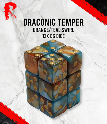 Draconic Temper - Orange/ Teal Swirl 12 x d6 Dice Block - Ronin Games Dice