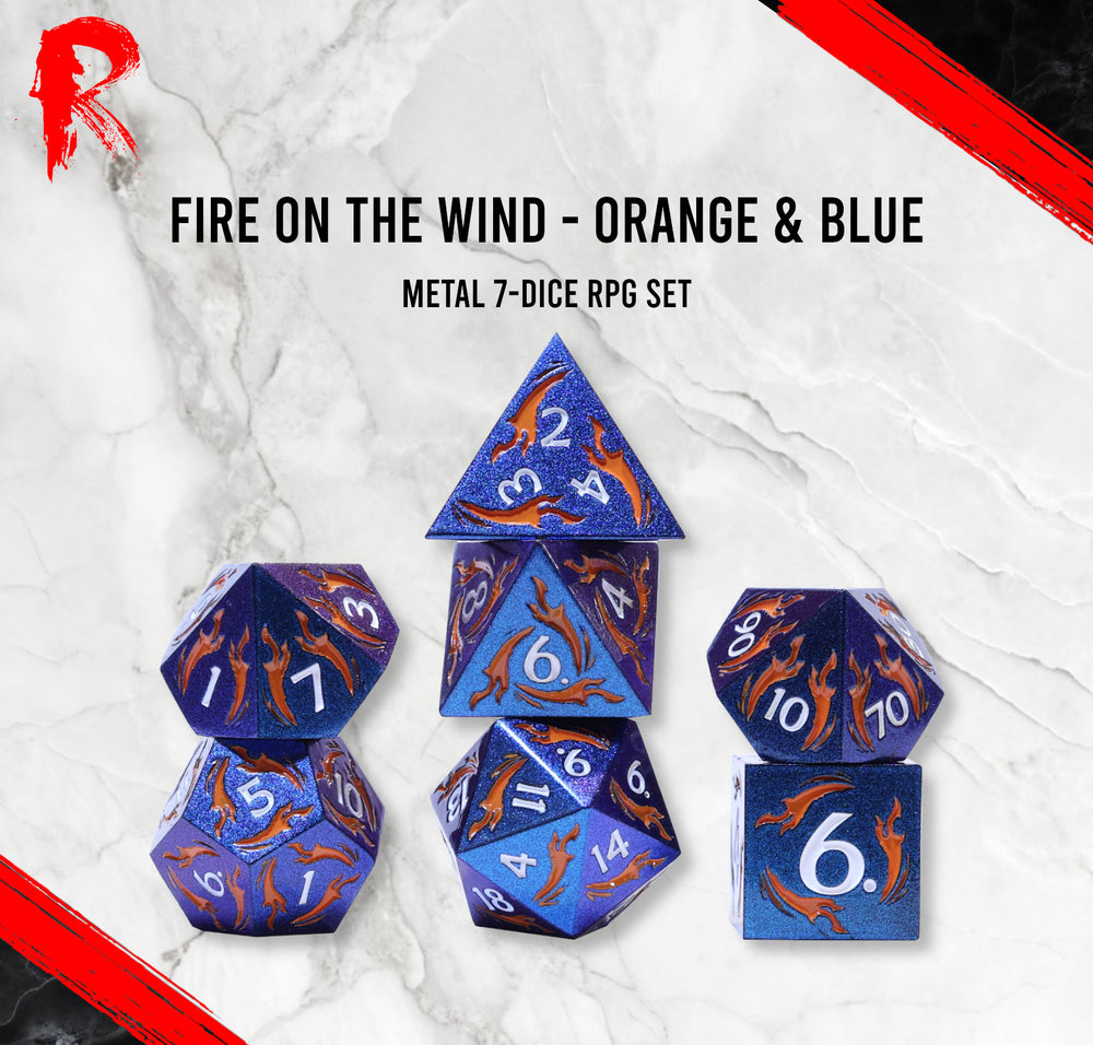 Fire on the Wind - Orange Dragon and Blue Metal - Ronin Dice