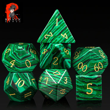 Malachite Stone Dice with Gold Writing Luxury 7-Die RPG Set - Ronin Games Dice GS-004