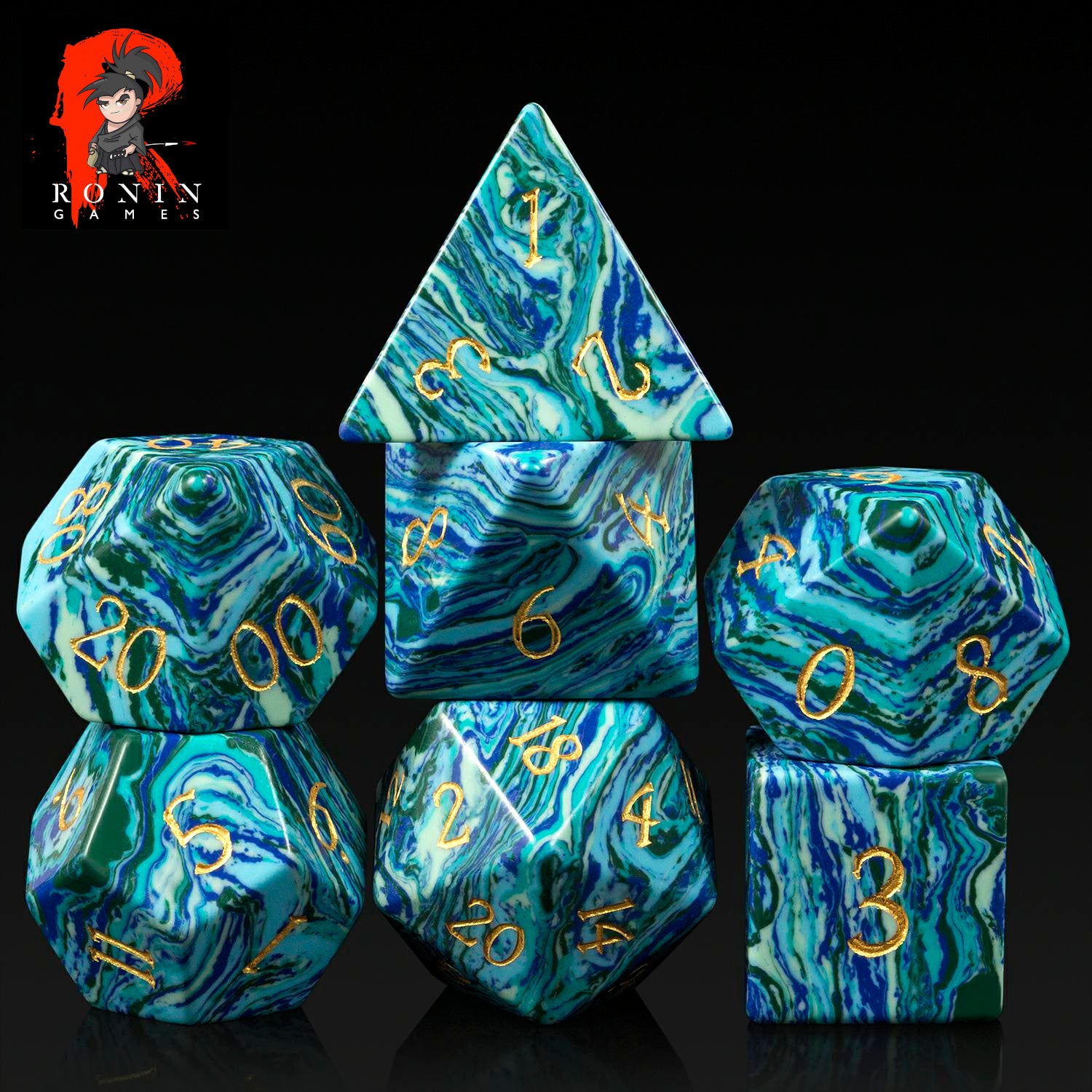 Turquoise Stone Dice with Gold Writing Luxury 7-Die RPG Set - Ronin Games Dice GS-007