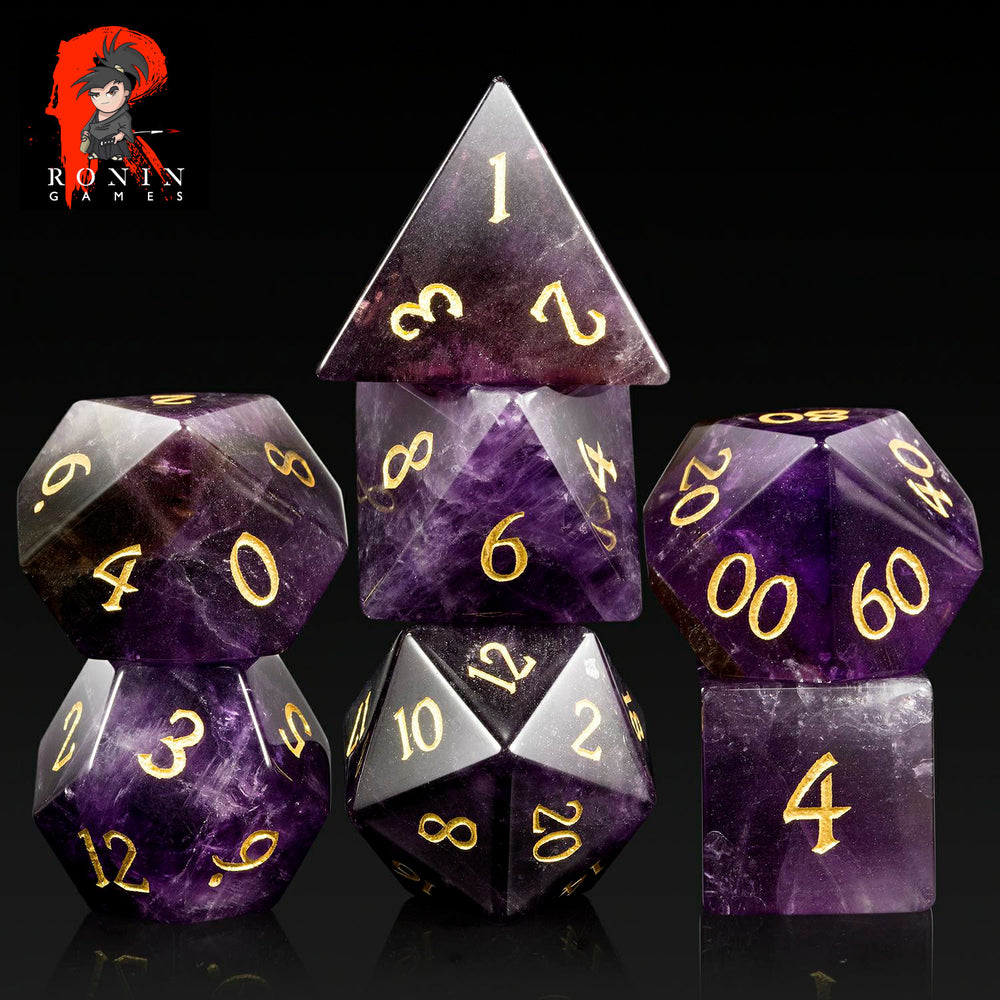 Amethyst Stone Dice with Gold Writing Luxury 7-Die RPG Set - Ronin Games Dice GS-017