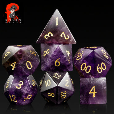 Amethyst Stone Dice with Gold Writing Luxury 7-Die RPG Set - Ronin Games Dice GS-017