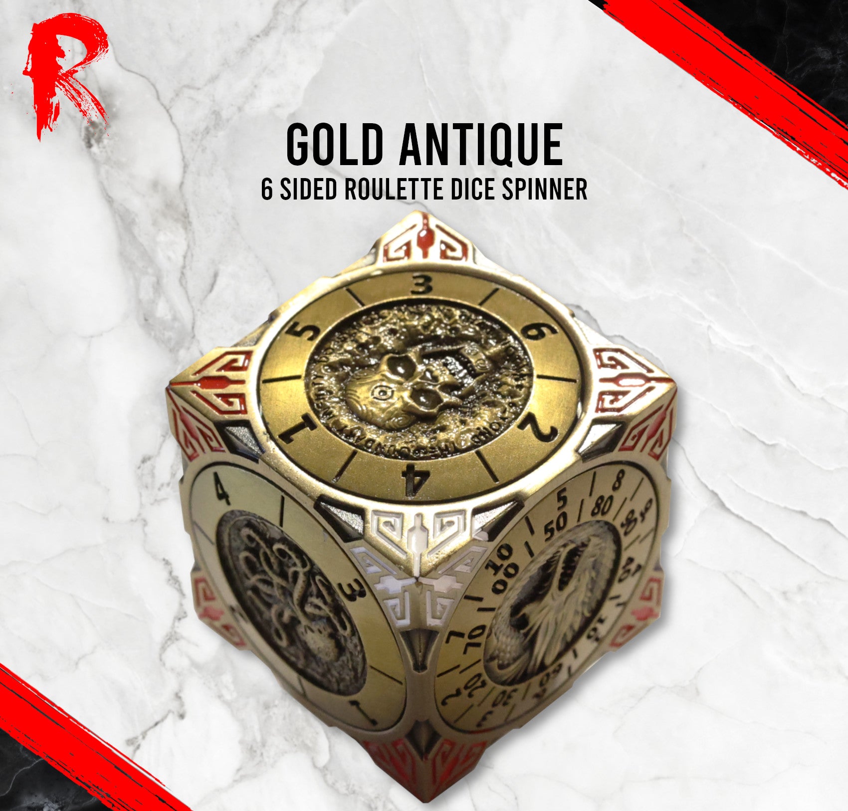 6 Sided Roulette Dice Spinner - Gold Antique - Ronin Games Dice - DR003
