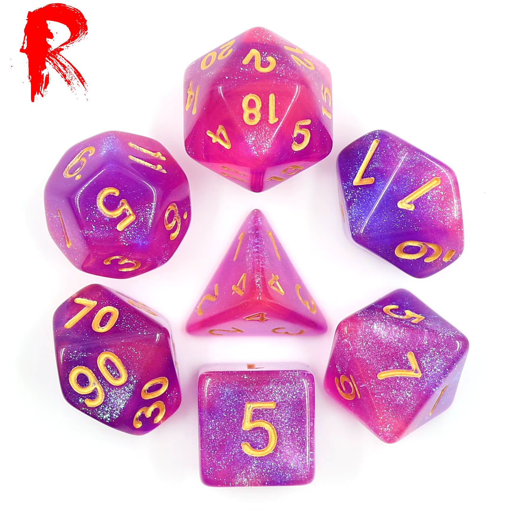 Pink Aurora - Pink/Purple Nebula 7-Die RPG Set - Ronin Games Acrylic Dice - HDAR-01