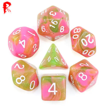 Strawberry Creme - Pink/Green 7-Die RPG Set - Ronin Games Acrylic Dice HDAR-09