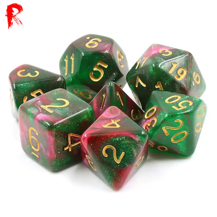 Rose Way - Red/Green Swirl 7-Die RPG Set - Ronin Games Acrylic Dice HDAR-13