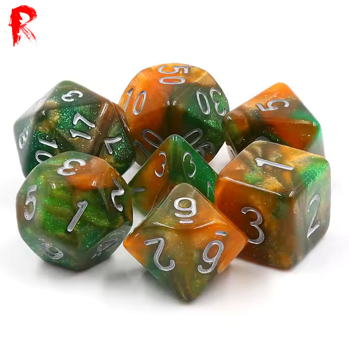 Emerald Vale - Green/Orange 7-Die RPG Set - Ronin Games Acrylic Dice HDAR-14